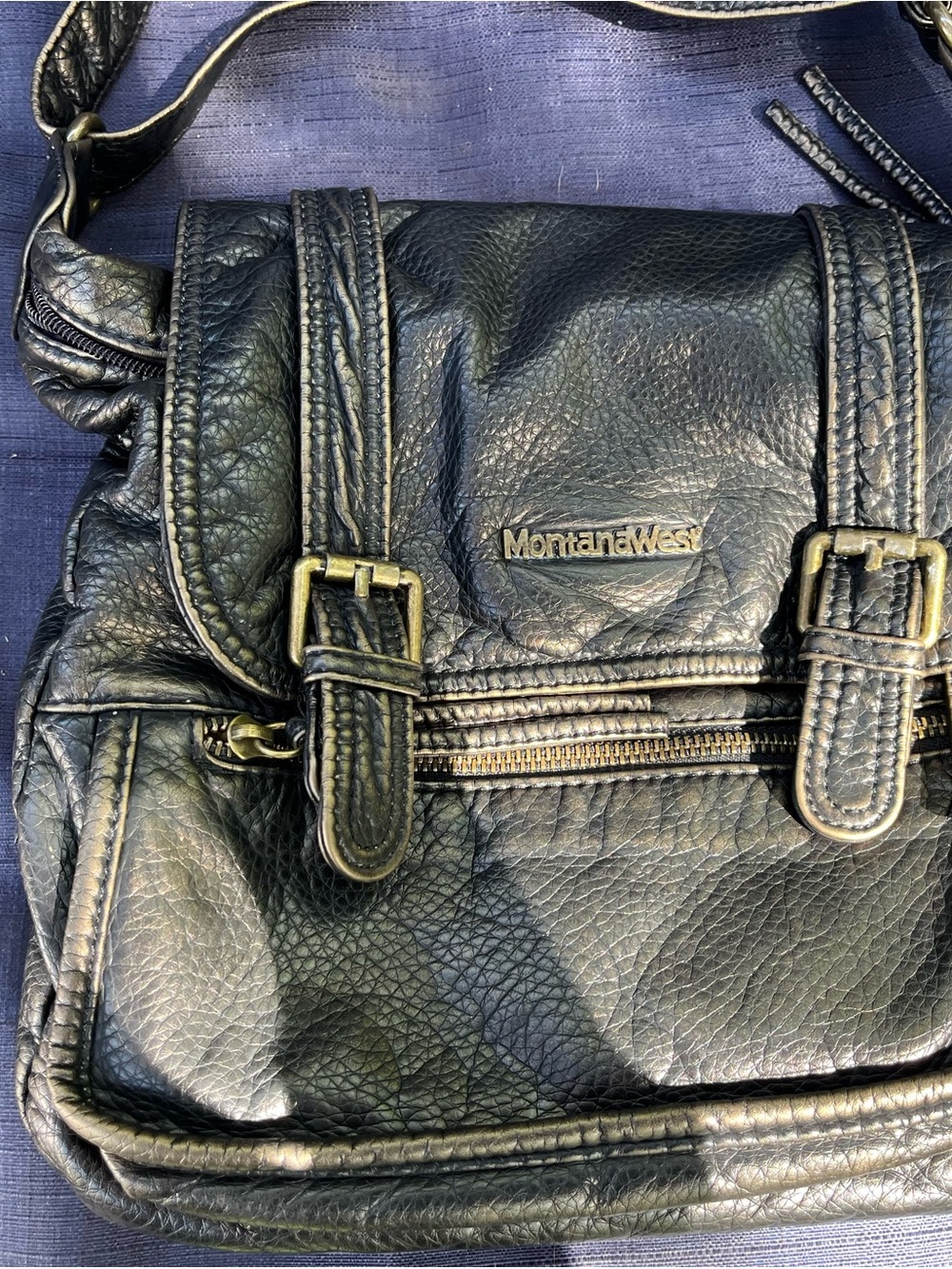 Montana West Black Pebbled Leather Crossbody Bag with Brass Hardware
